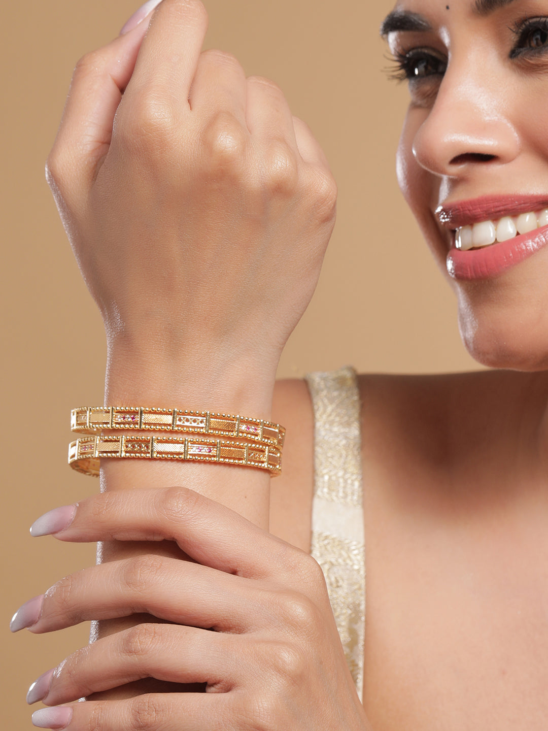 Rubans Set of 2, 18K Gold-Plated Rectangular Motif Bangles with Intricate Detailing 2.4 - Small