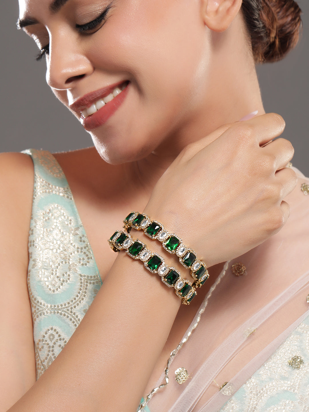 Rubans Set Of 2 22K Gold-Plated Emerald Green & White Cubic Zirconia Stone-Studded Bangles 2.4 - Small