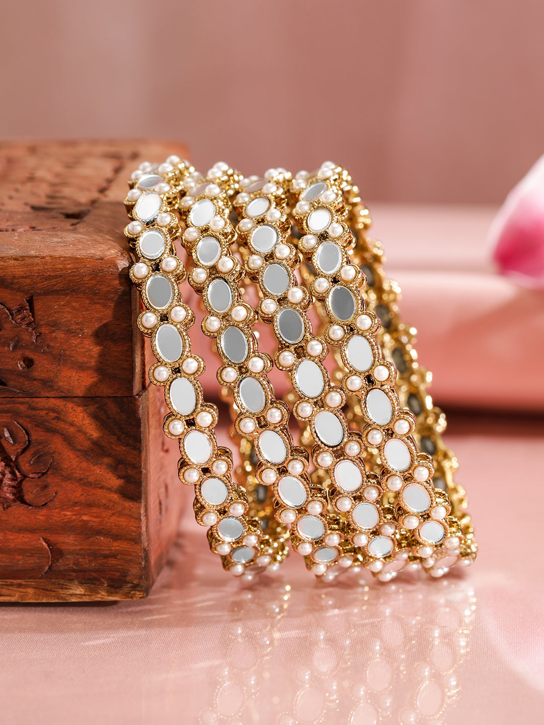 Pink Studded Floral Bangles 2.4 - Small