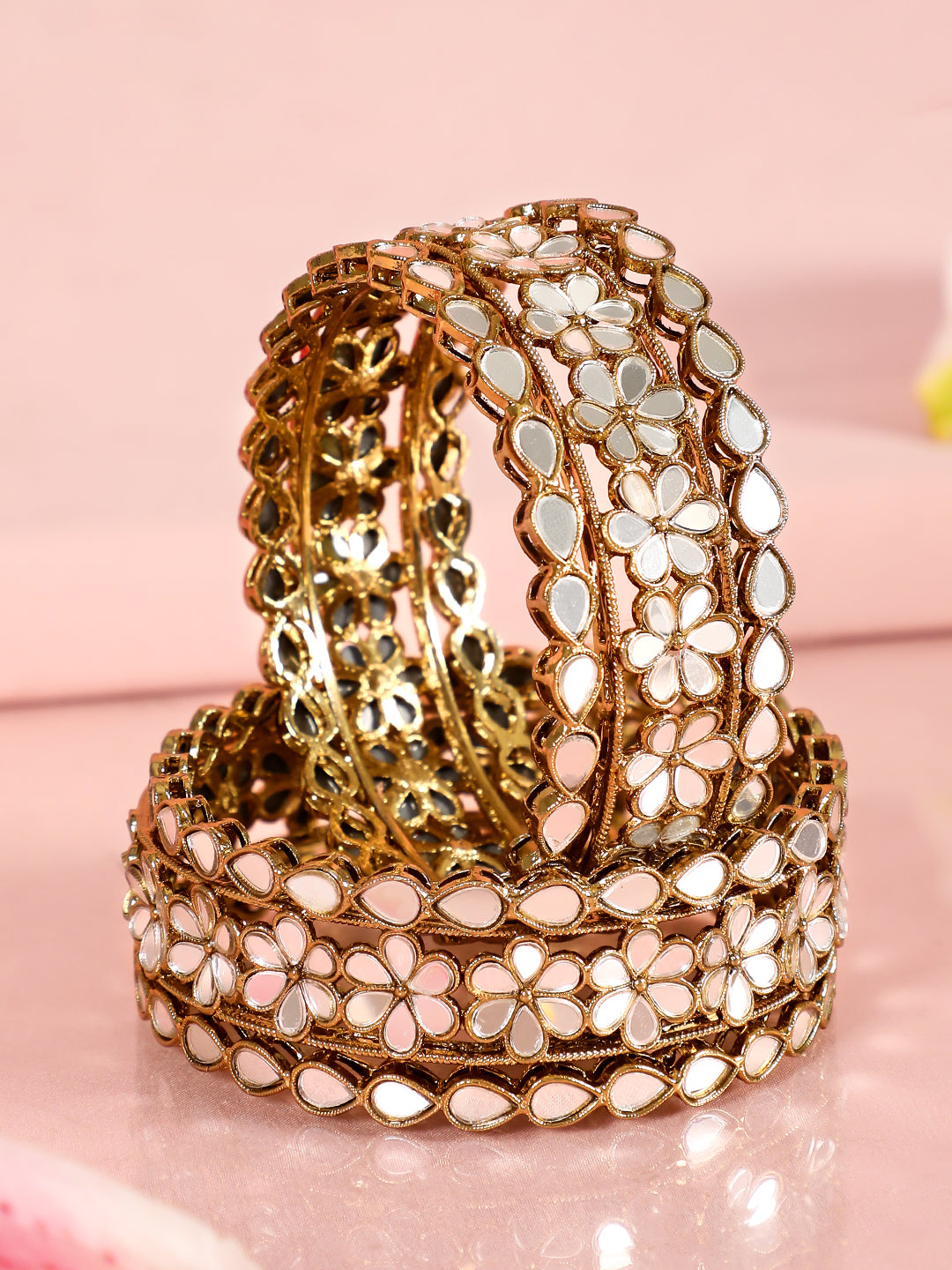 Rubans Set of 6 22K Gold-Plated Mirror Studded Handcrafted Traditional Bangles 2.6 - Medium