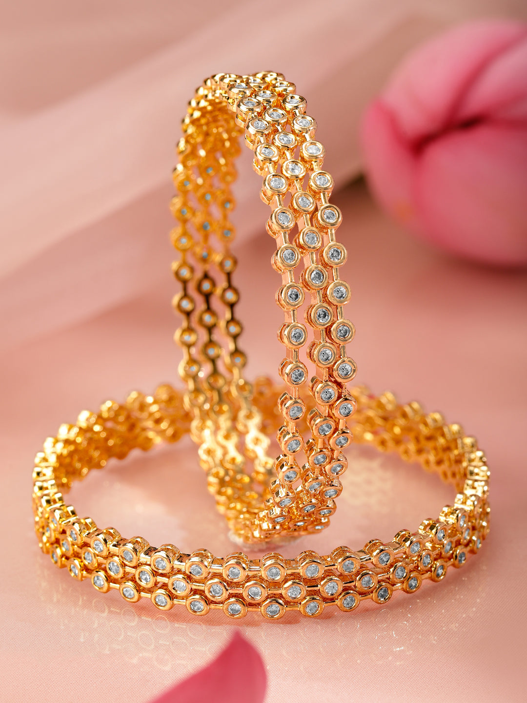 Rubans Set Of 6 22K Gold-Plated Cubic Zirconia Studded Bangles 2.4 - Small