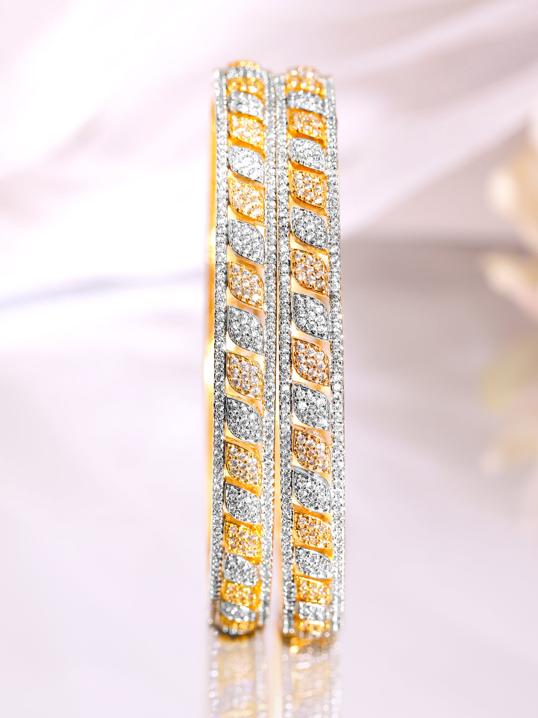 Rubans Set of 2 Rhodium & 18K Gold-Plated Cubic Zirconia Studded Bangles 2.4 - Small