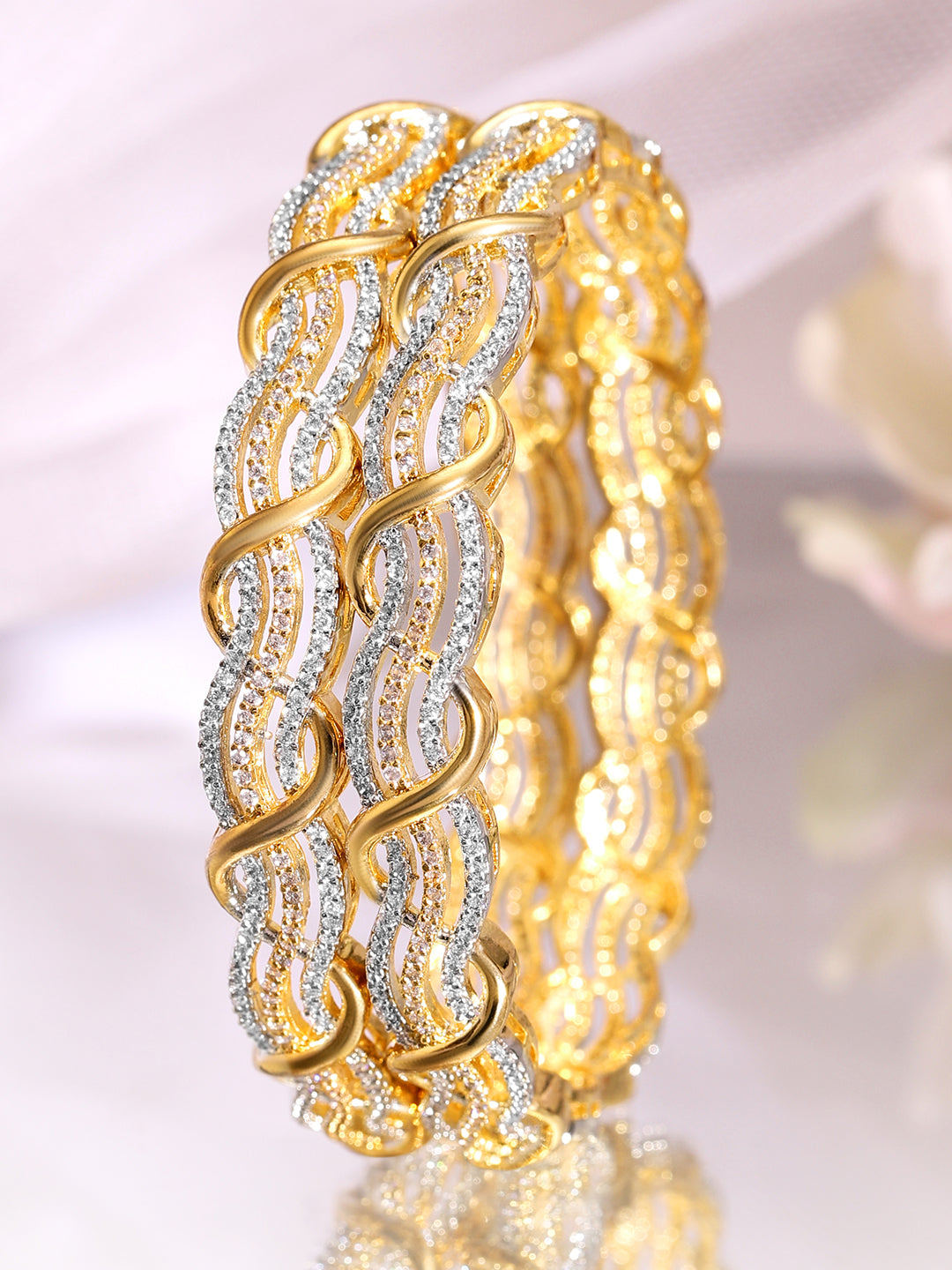 Rubans Set of 2 Rhodium & 18K Gold-Plated Cubic Zirconia Studded Bangles 2.4 - Small