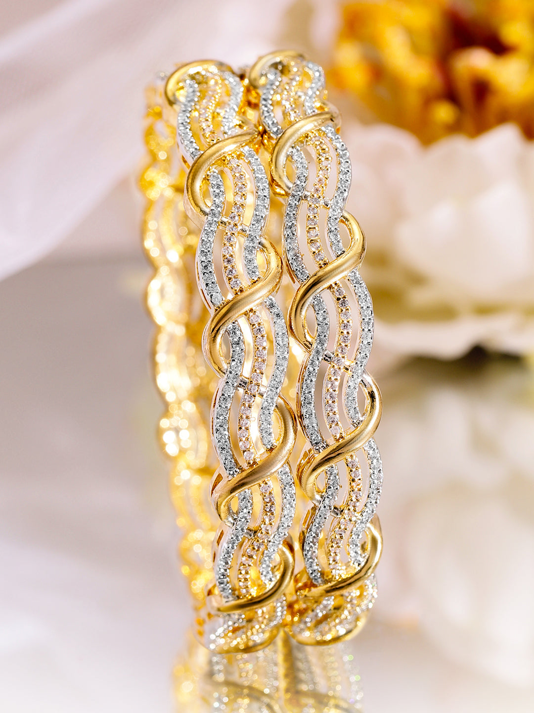 Rubans Set of 2 Rhodium & 18K Gold-Plated Cubic Zirconia Studded Bangles 2.4 - Small