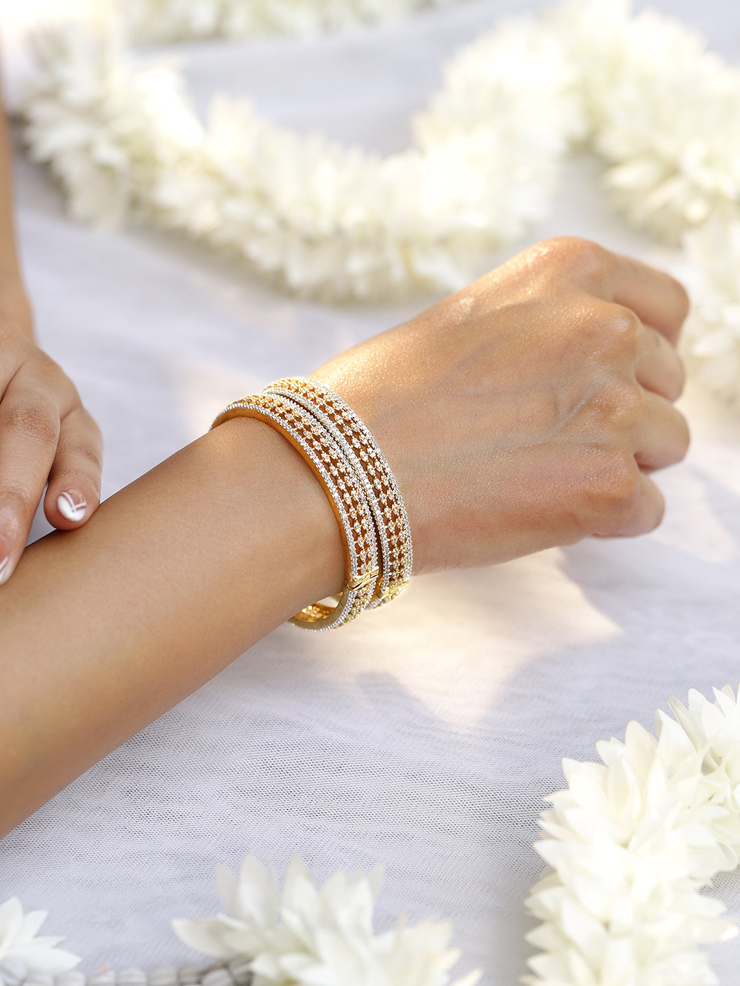 Rubans Set of 2 Rhodium & 18K Gold-Plated Cubic Zirconia Studded Designer Bangles 2.4 - Small