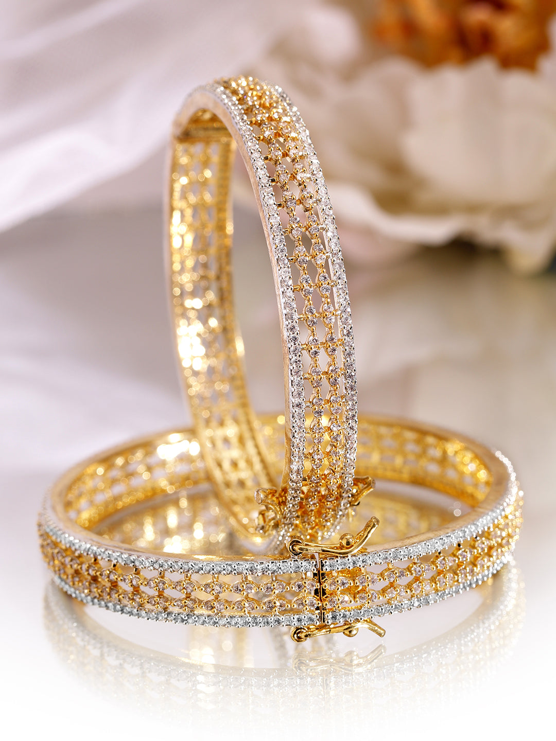 Rubans Set of 2 Rhodium & 18K Gold-Plated Cubic Zirconia Studded Designer Bangles 2.4 - Small