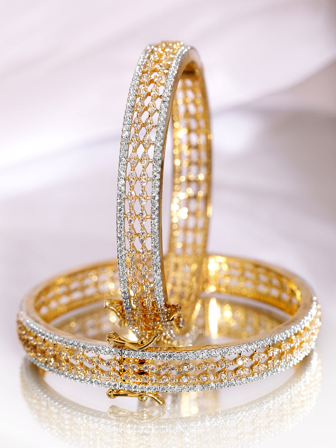 Rubans Set of 2 Rhodium & 18K Gold-Plated Cubic Zirconia Studded Designer Bangles 2.4 - Small