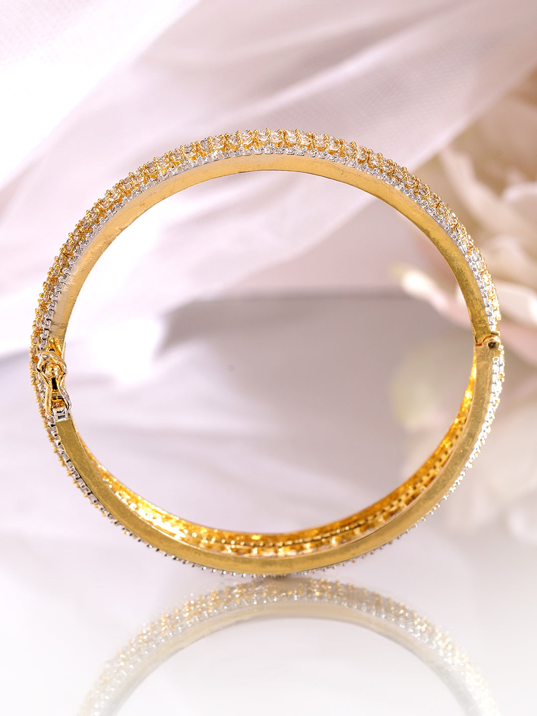 Rubans Set of 2 Rhodium & 18K Gold-Plated Cubic Zirconia Studded Designer Bangles 2.4 - Small