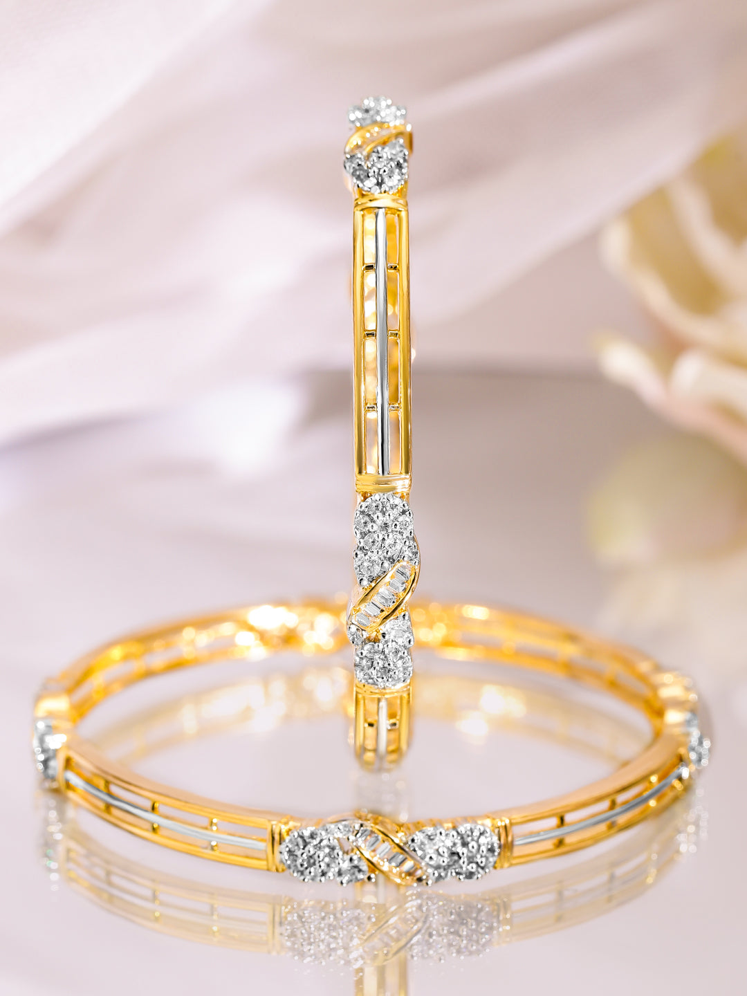 Rubans Set of 2, 22K Gold-Plated & Cubic Zirconia Studded Elegant Bangles 2.4 - Small