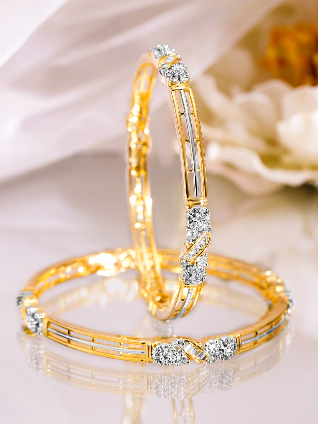 Rubans Set of 2, 22K Gold-Plated & Cubic Zirconia Studded Elegant Bangles 2.8 - Large