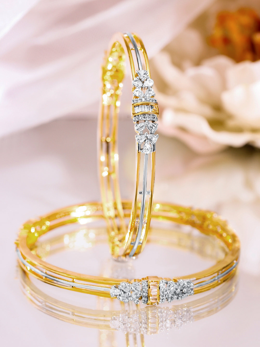 Rubans Set of 2, 22K Gold-Plated & Rhodium Accent Cubic Zirconia Studded Bangles 2.4 - Small