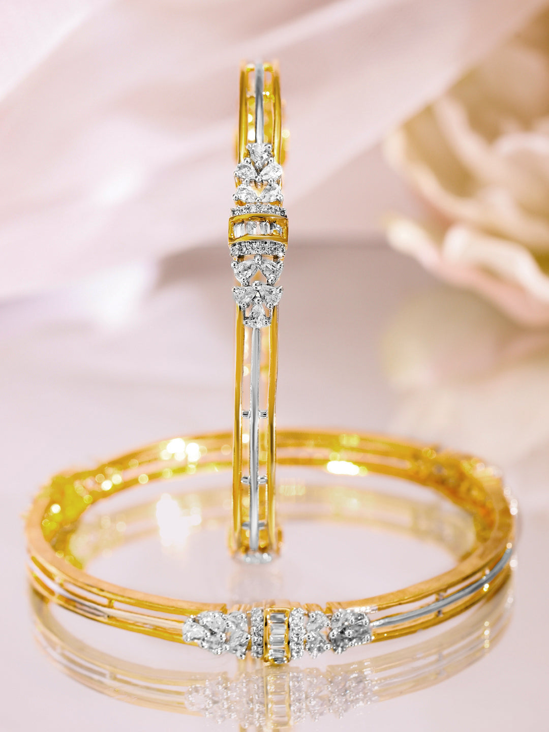Rubans Set of 2, 22K Gold-Plated & Rhodium Accent Cubic Zirconia Studded Bangles 2.4 - Small