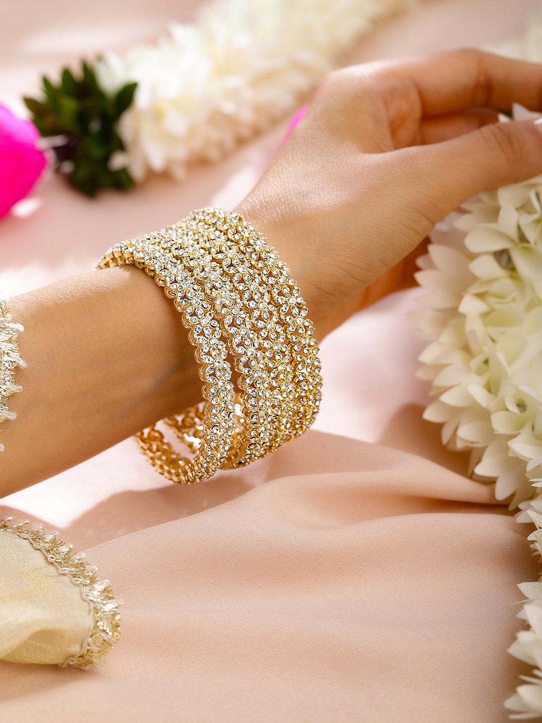 Rubans Set of 4 18K Gold-Plated Dazzling AD Studded Handcrafted Premium Bangles for Women 2.4 - Small