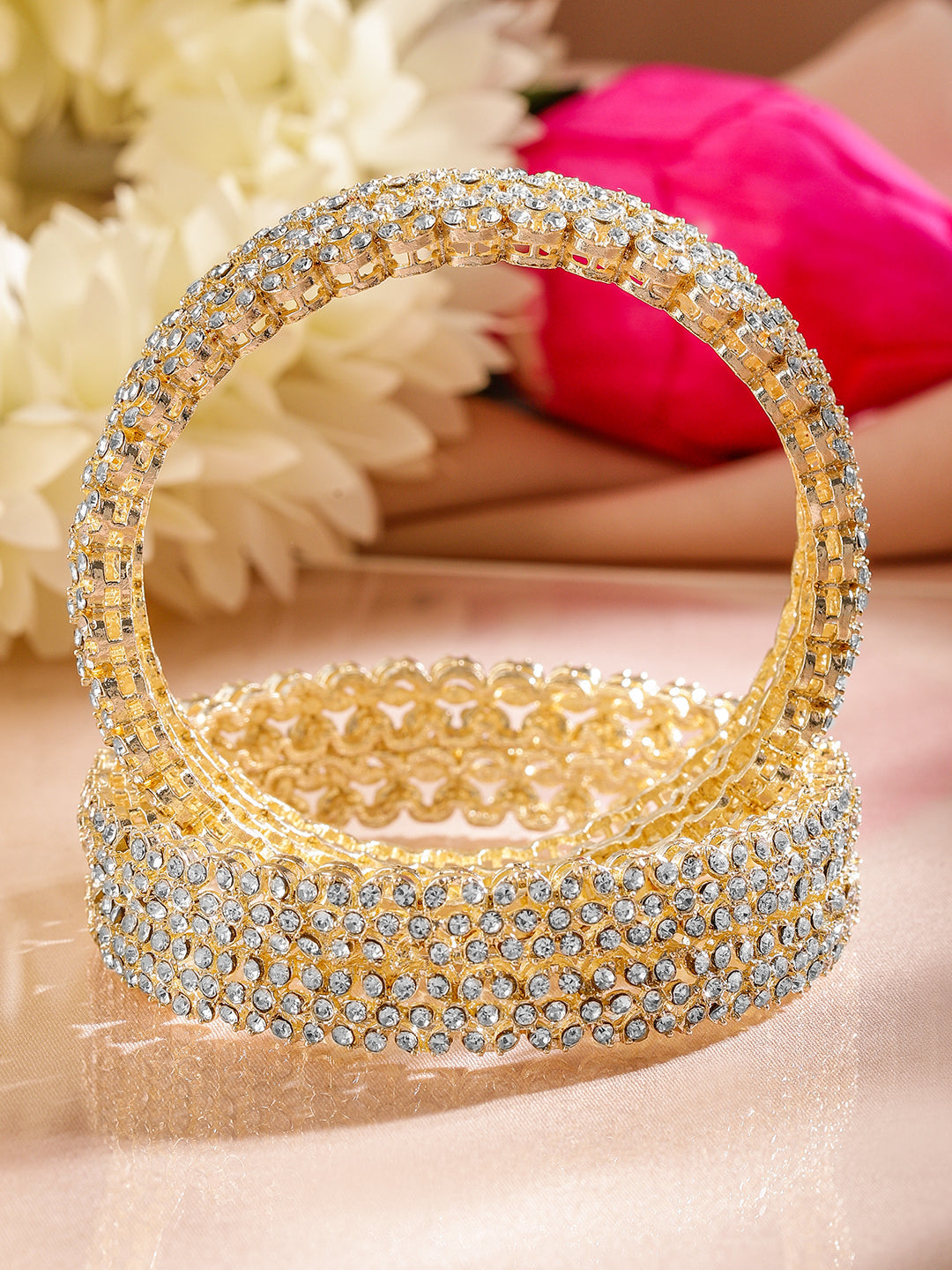 Rubans Set of 4 18K Gold-Plated Dazzling AD Studded Handcrafted Premium Bangles for Women 2.10 - Extra Large