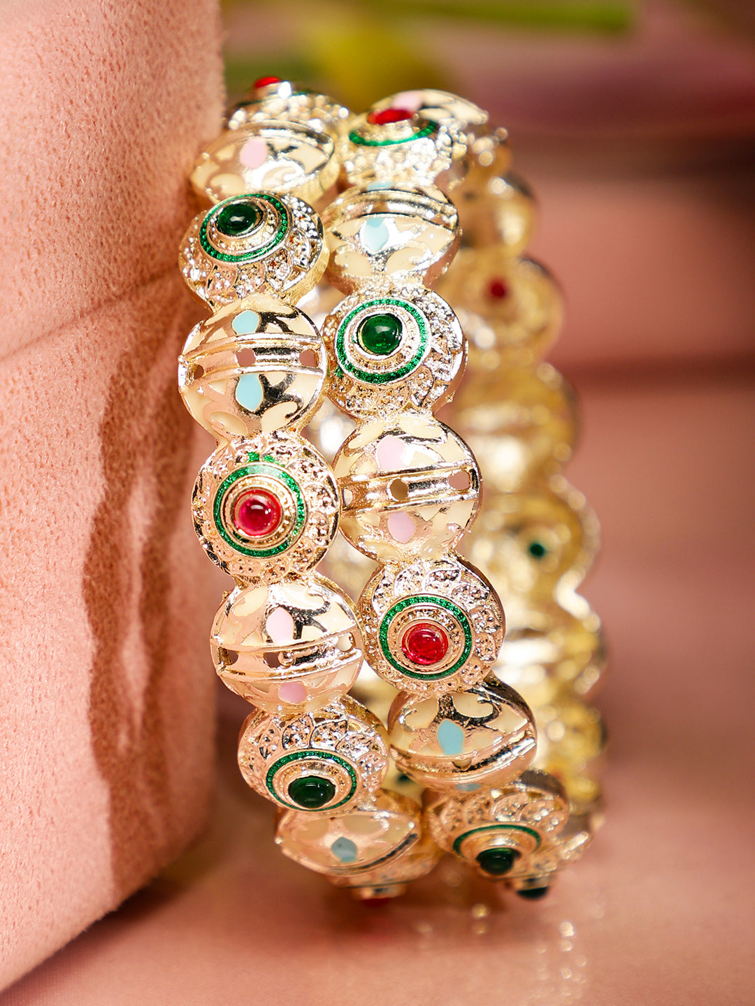 Rubans Set of 2 18K Gold Plated Red & Green Stone and Enamel Work Handcrafted Bangles Red & Green