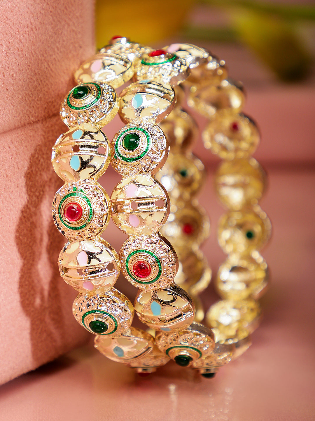 Rubans Set of 2 18K Gold Plated Red & Green Stone and Enamel Work Handcrafted Bangles Red & Green