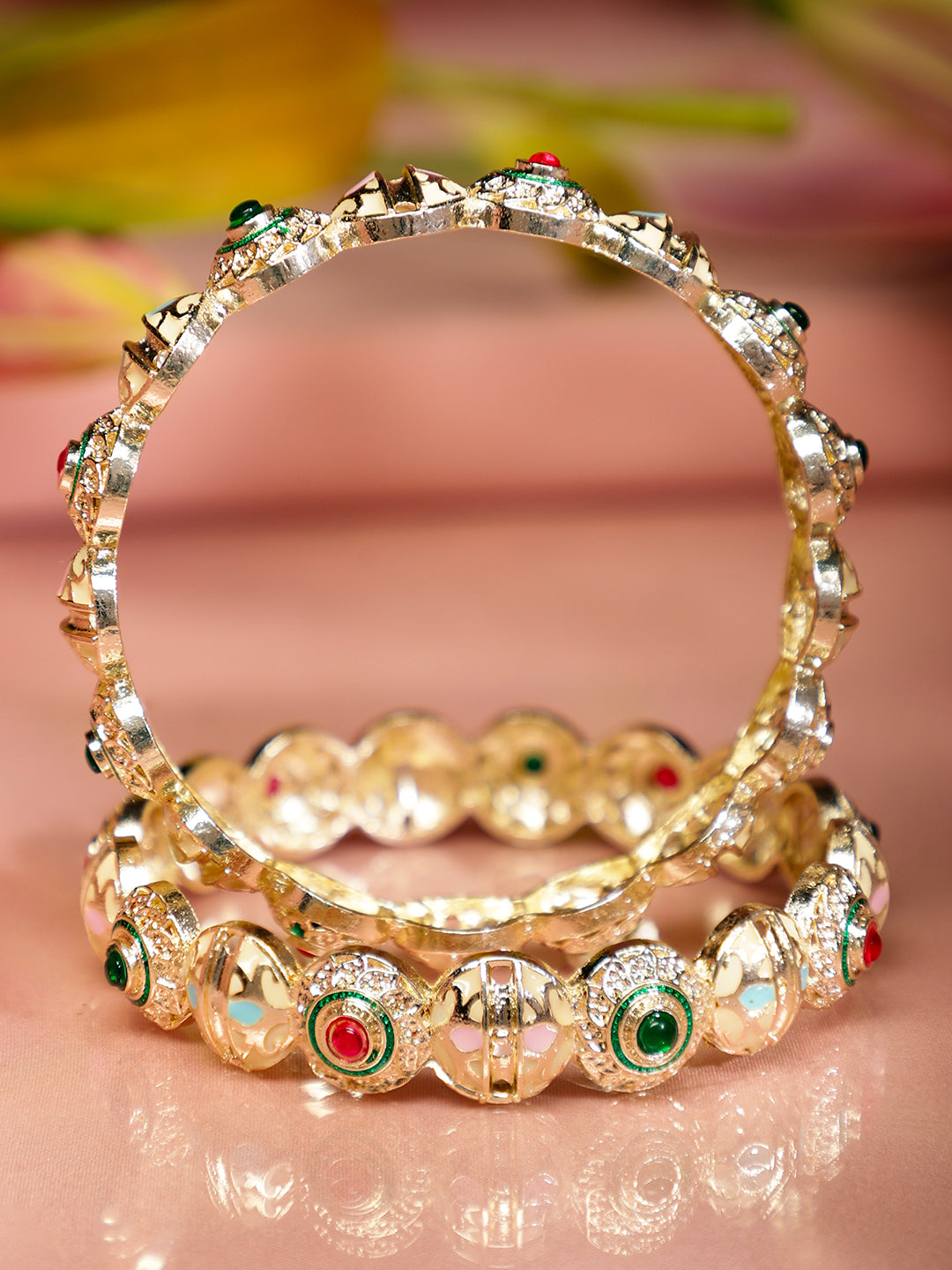 Rubans Set of 2 18K Gold Plated Red & Green Stone and Enamel Work Handcrafted Bangles Red & Green