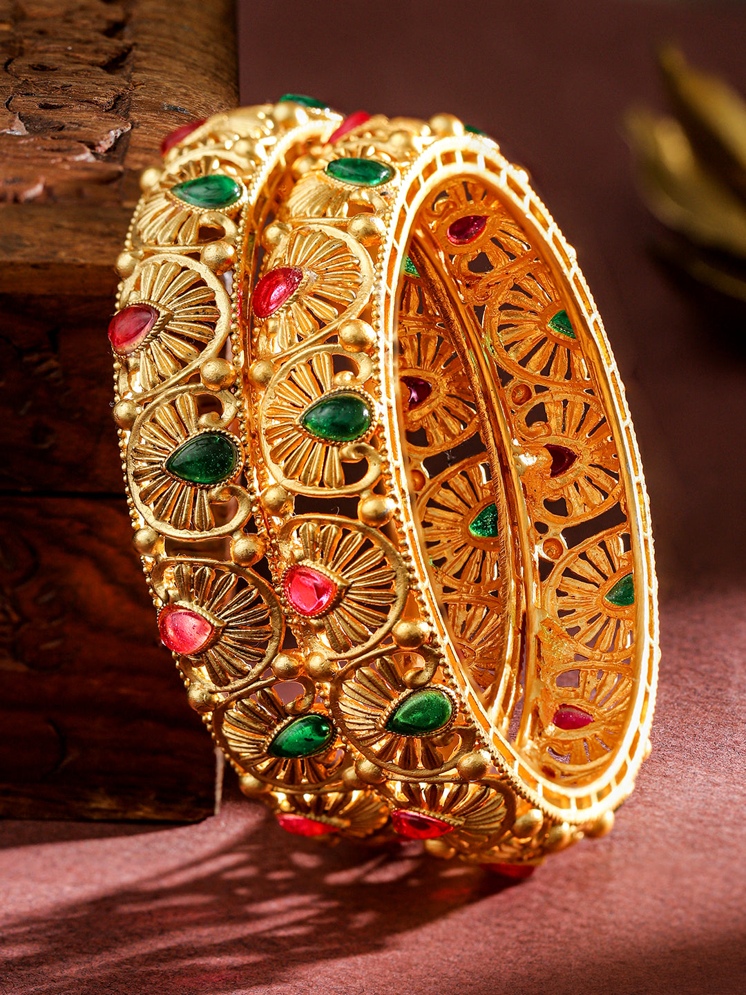 Rubans Set of 2, 24K Gold-Plated Handcrafted Bangles with Ruby Red & Emerald Green Stones 2.4 - Small