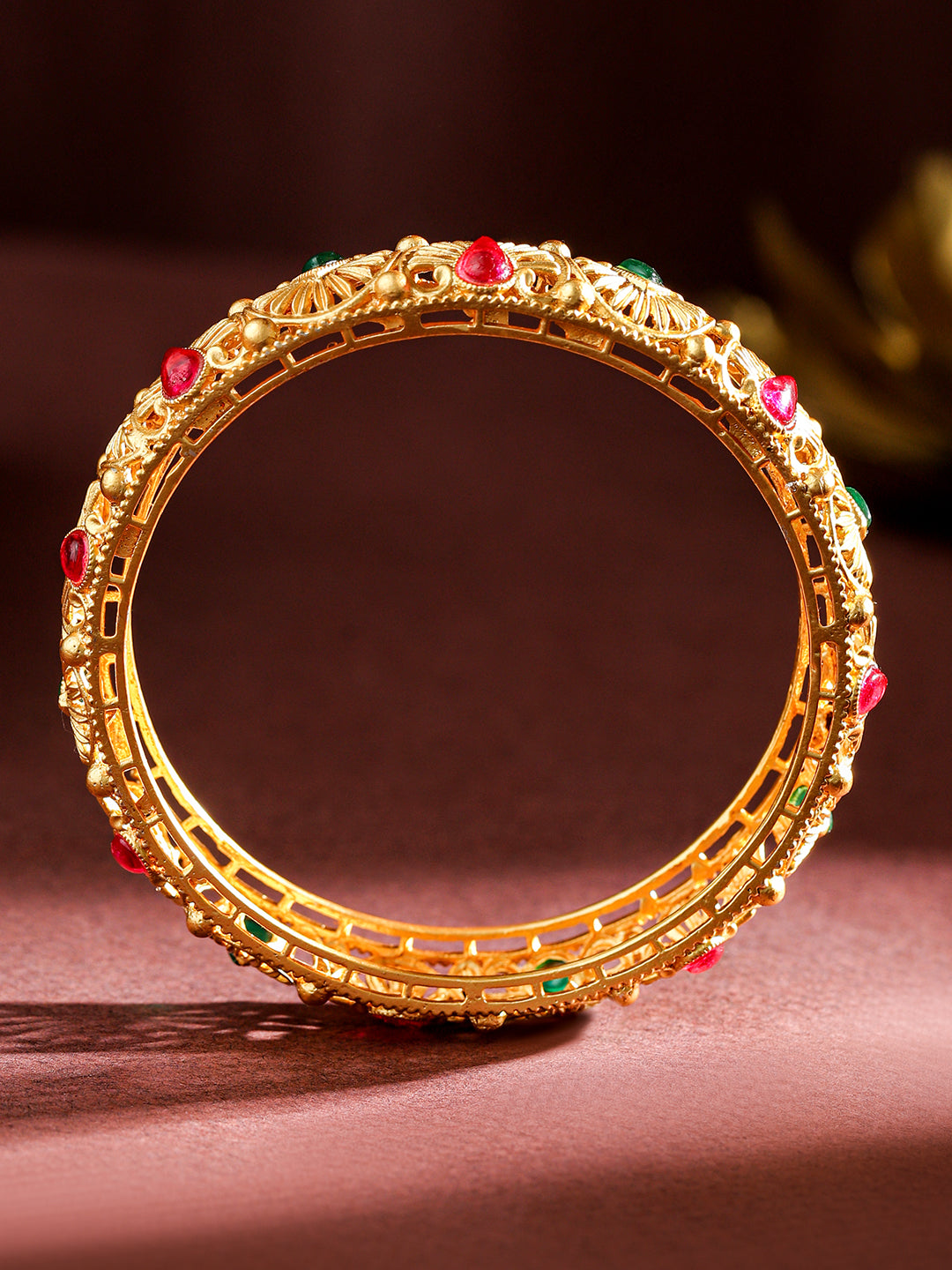 Rubans Set of 2, 24K Gold-Plated Handcrafted Bangles with Ruby Red & Emerald Green Stones 2.8 - Large