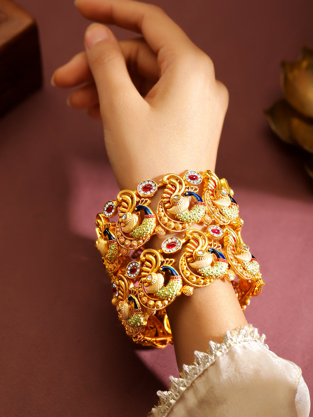 Temple Peacock Motif Multicolour Bangles 2.8 - Large