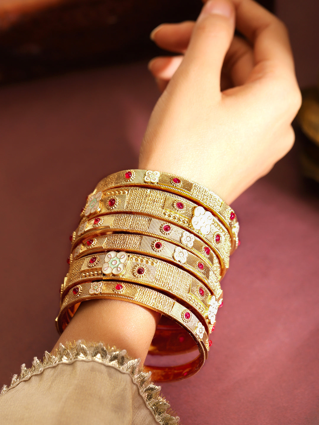 Gold Toned Pink Studded Bangles Set Of 6 2.4 - Small