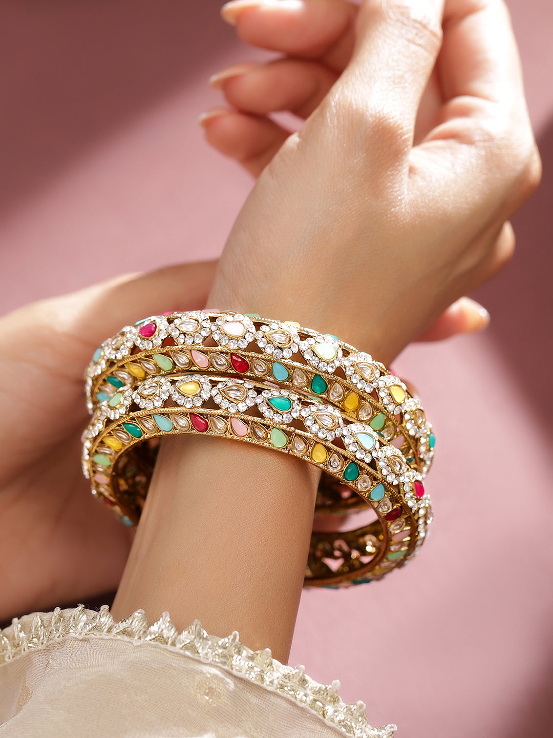 Rubans Set of 2 18K Mehandi Gold-Plated Multicolor Kundan & Zirconia Studded Designer Bangles 2.4 - Small