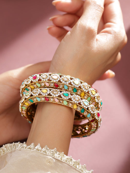 Rubans Set of 2 18K Mehandi Gold-Plated Multicolor Kundan & Zirconia Studded Designer Bangles 2.4 - Small