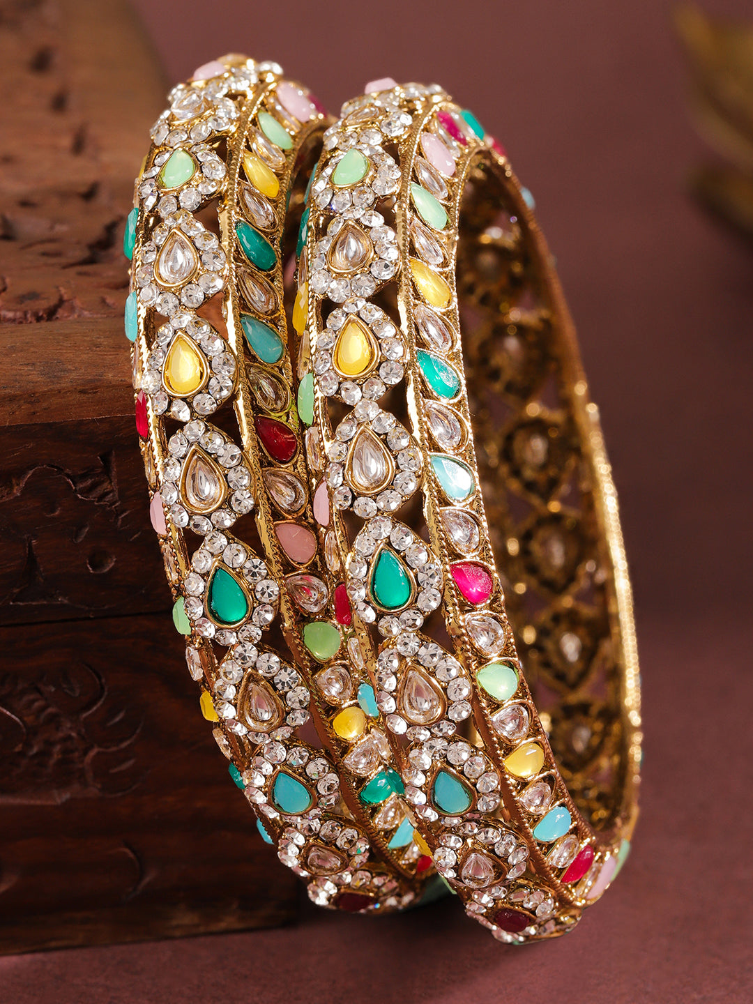 Rubans Set of 2 18K Mehandi Gold-Plated Multicolor Kundan & Zirconia Studded Designer Bangles 2.4 - Small