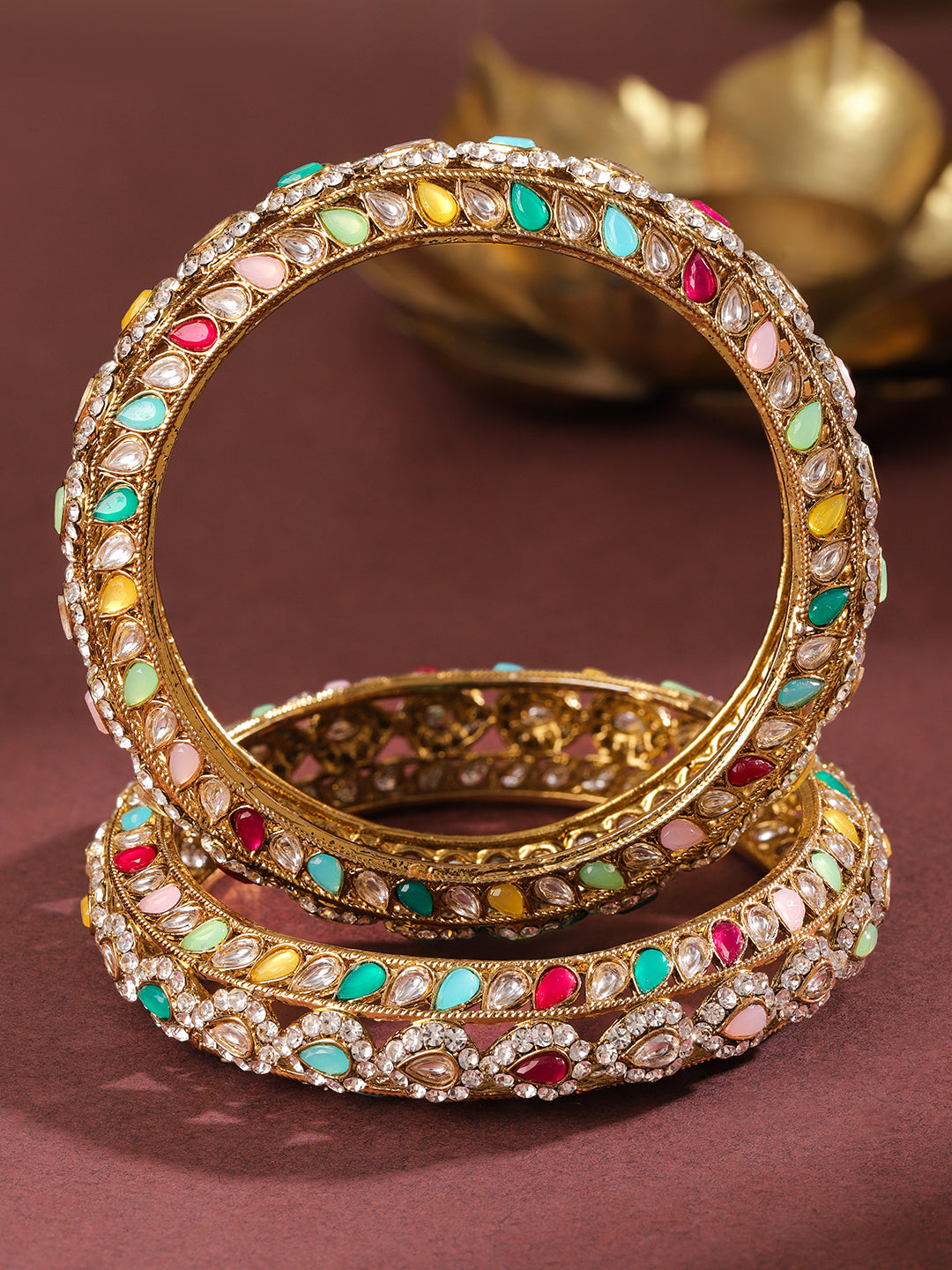 Rubans Set of 2 18K Mehandi Gold-Plated Multicolor Kundan & Zirconia Studded Designer Bangles 2.4 - Small