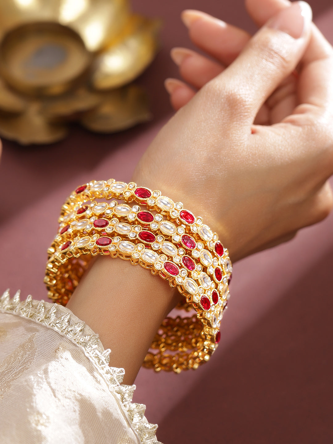 Vivid Red & Kundan Bangles 2.4 - Small