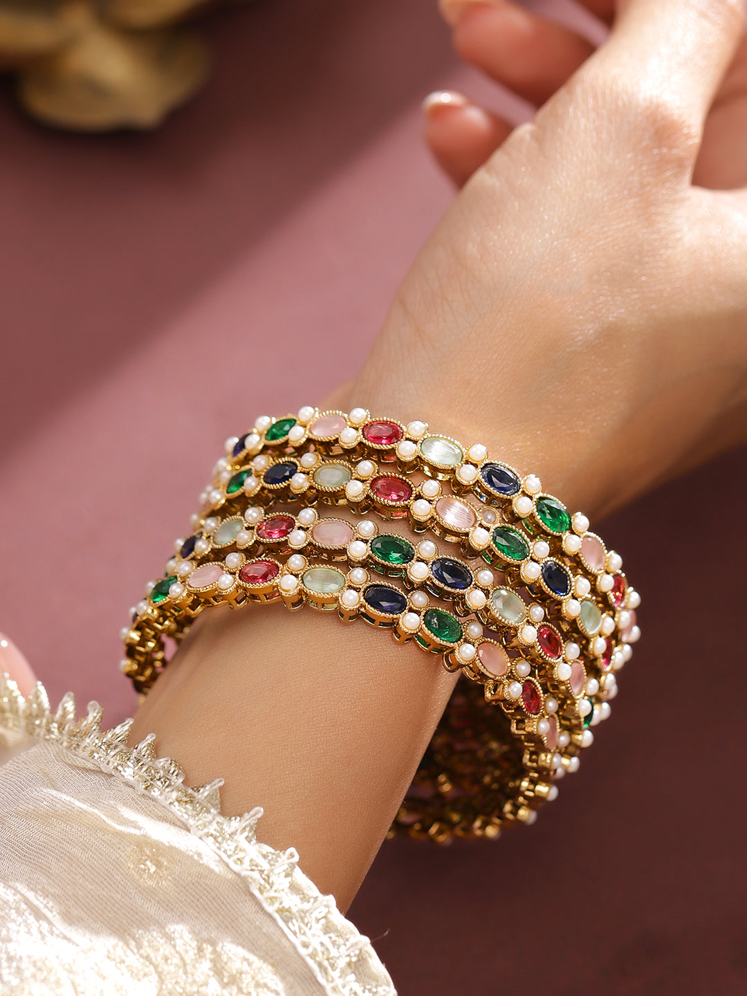 Rubans Set of 4 18K Gold-Plated Multicolor Zirconia & Pearl Beaded Designer Bangles 2.4 - Small