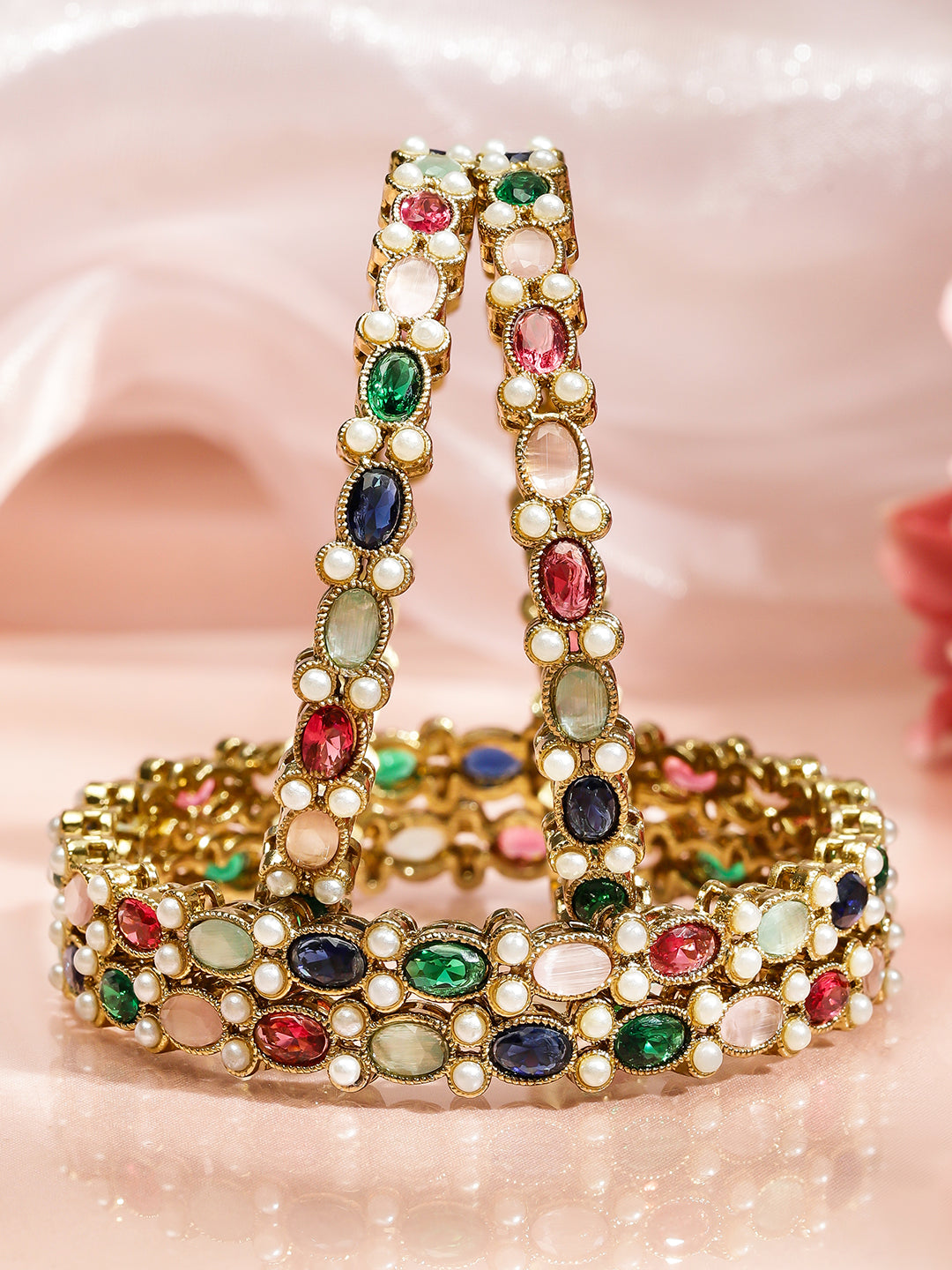 Rubans Set of 4 18K Gold-Plated Multicolor Zirconia & Pearl Beaded Designer Bangles 2.4 - Small