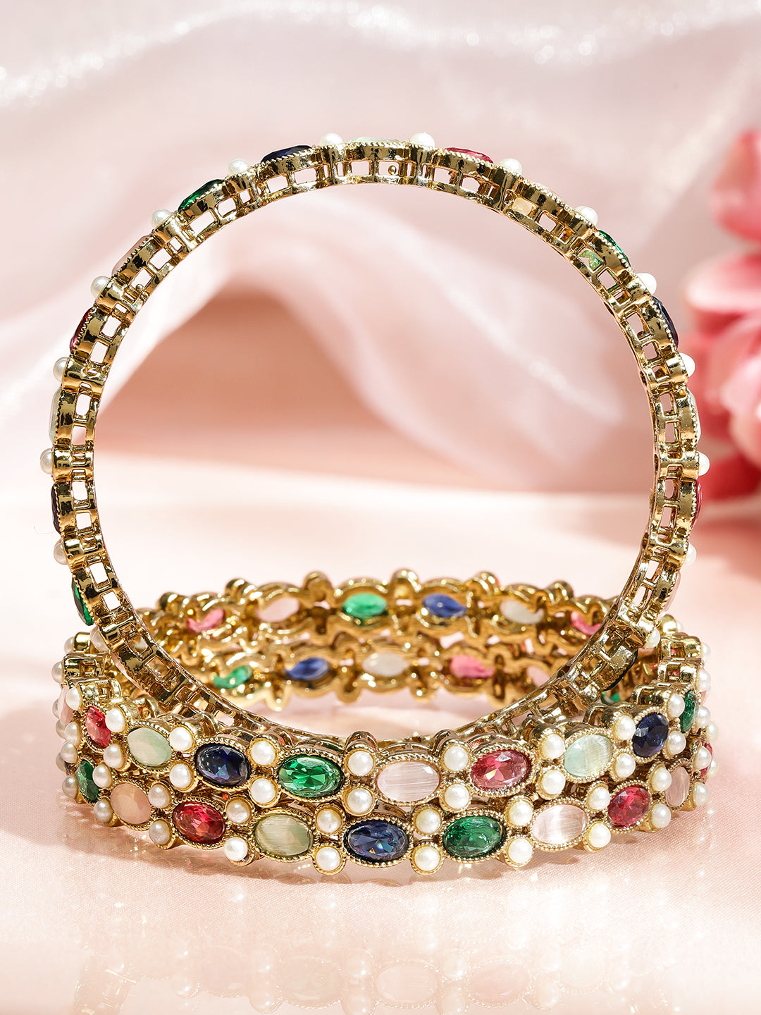 Rubans Set of 4 18K Gold-Plated Multicolor Zirconia & Pearl Beaded Designer Bangles 2.4 - Small