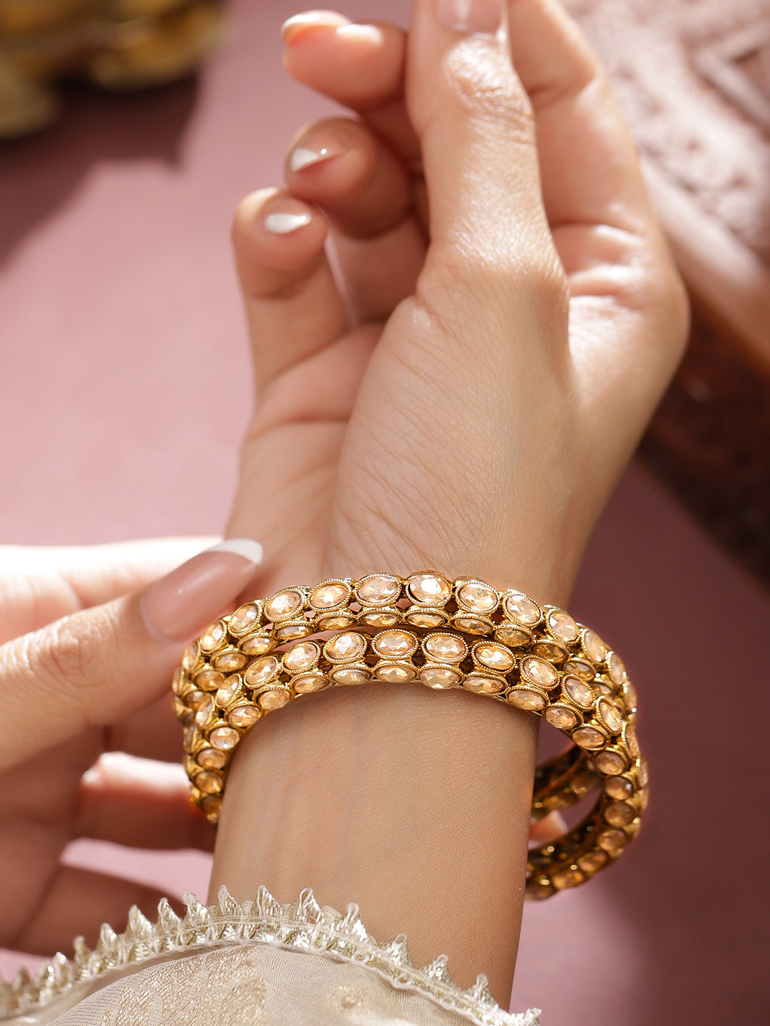 Champagne Glow Kundan Bangles 2.4 - Small