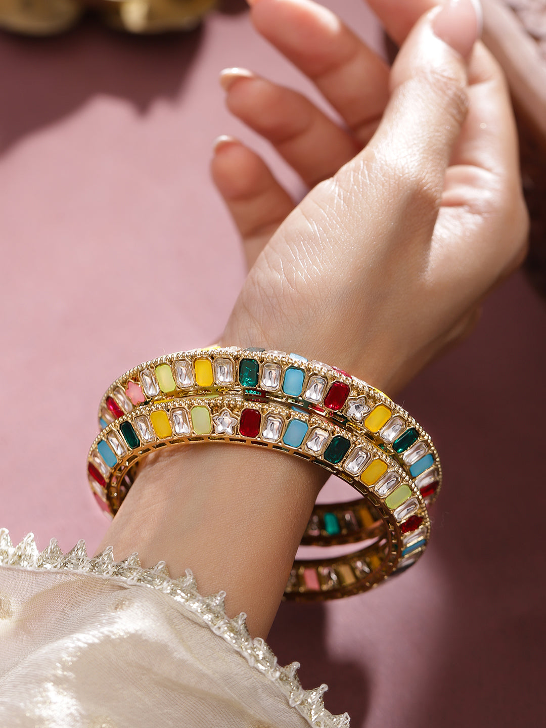 Rubans Set of 2 18K Gold-Plated Multi-Coloured Zirconia Stone Studded Traditional Bangles 2.4 - Small