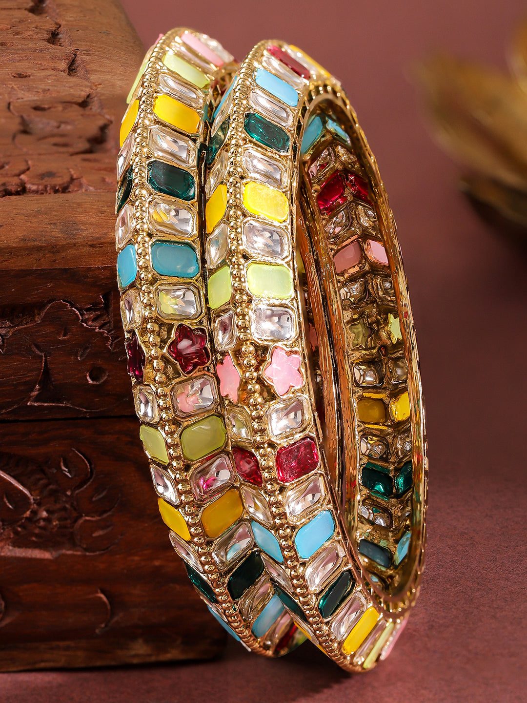 Rubans Set of 2 18K Gold-Plated Multi-Coloured Zirconia Stone Studded Traditional Bangles 2.8 - Large