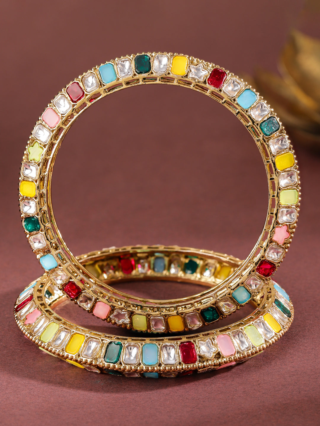 Rubans Set of 2 18K Gold-Plated Multi-Coloured Zirconia Stone Studded Traditional Bangles 2.4 - Small