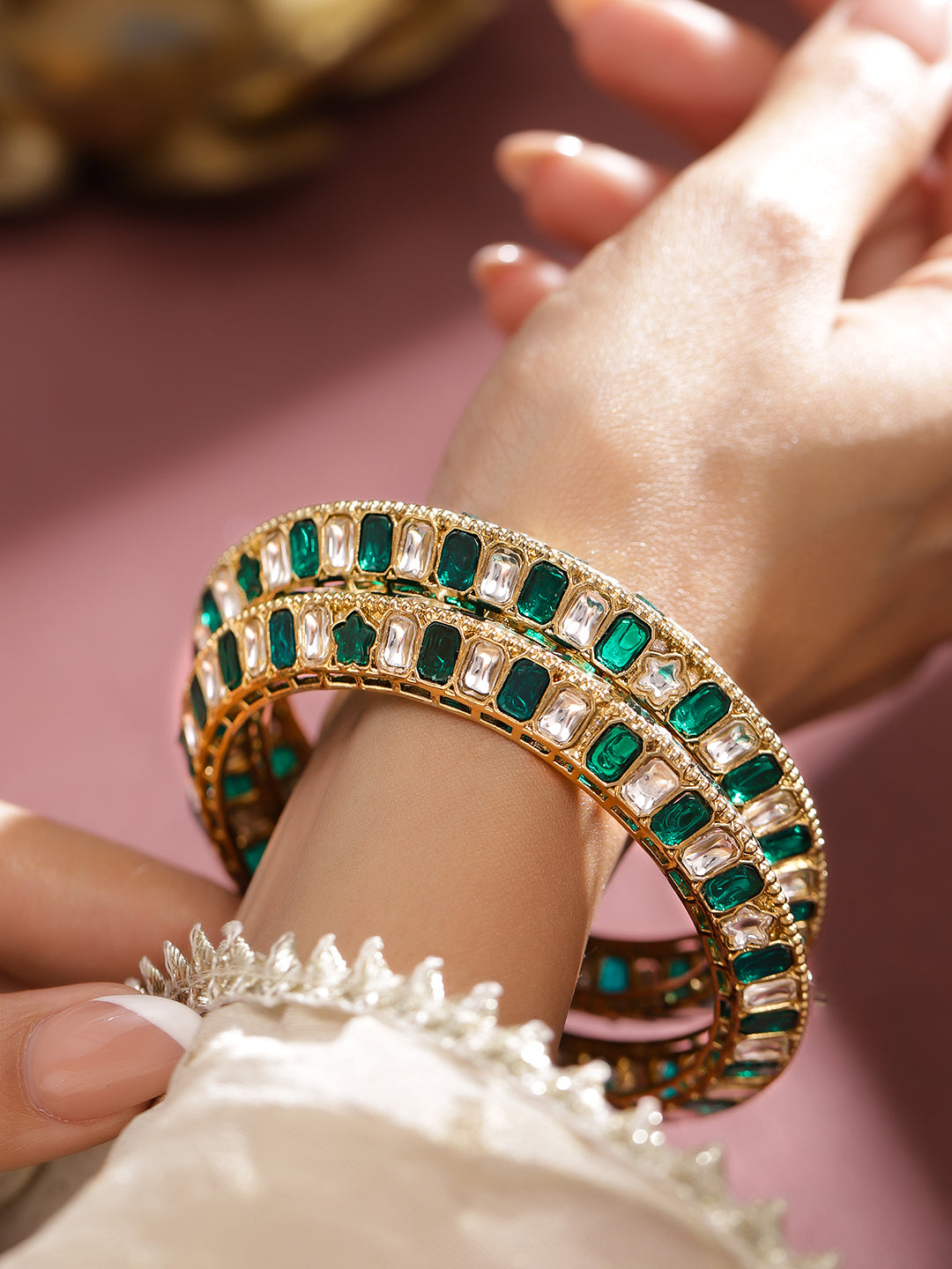 Designer Edge Green Kundan Bangles 2.4 - Small