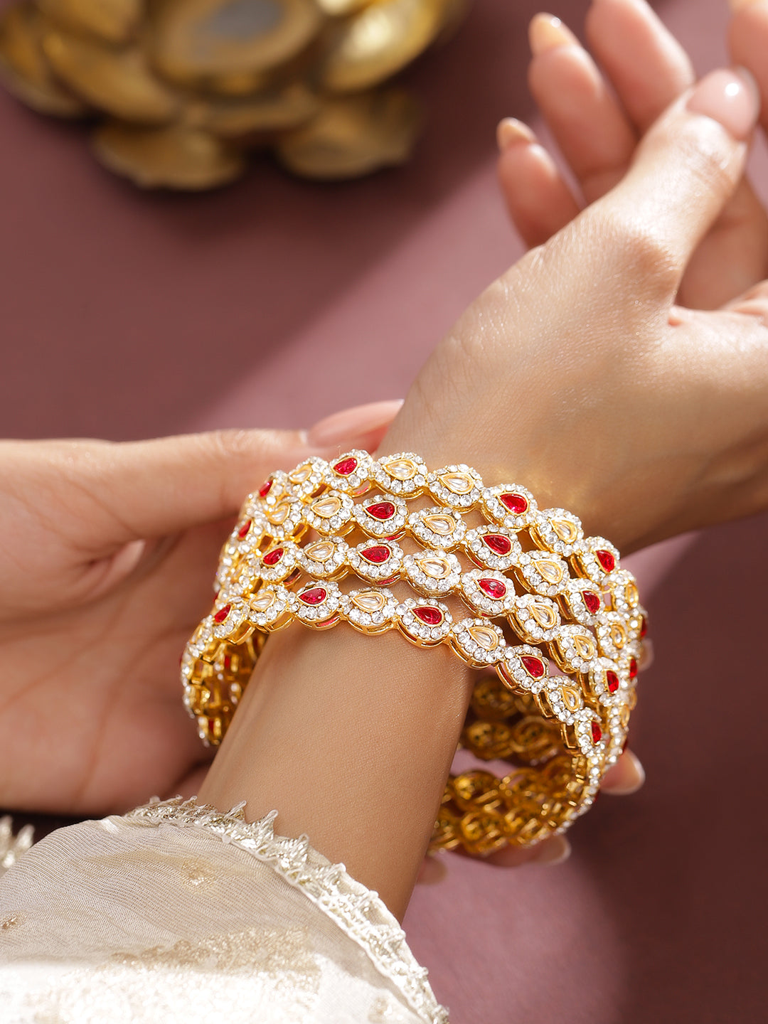 Rubans Set of 4 18K Mehandi Gold-Plated Ruby Pink & White Kundan Studded Designer Bangles 2.8 - Large