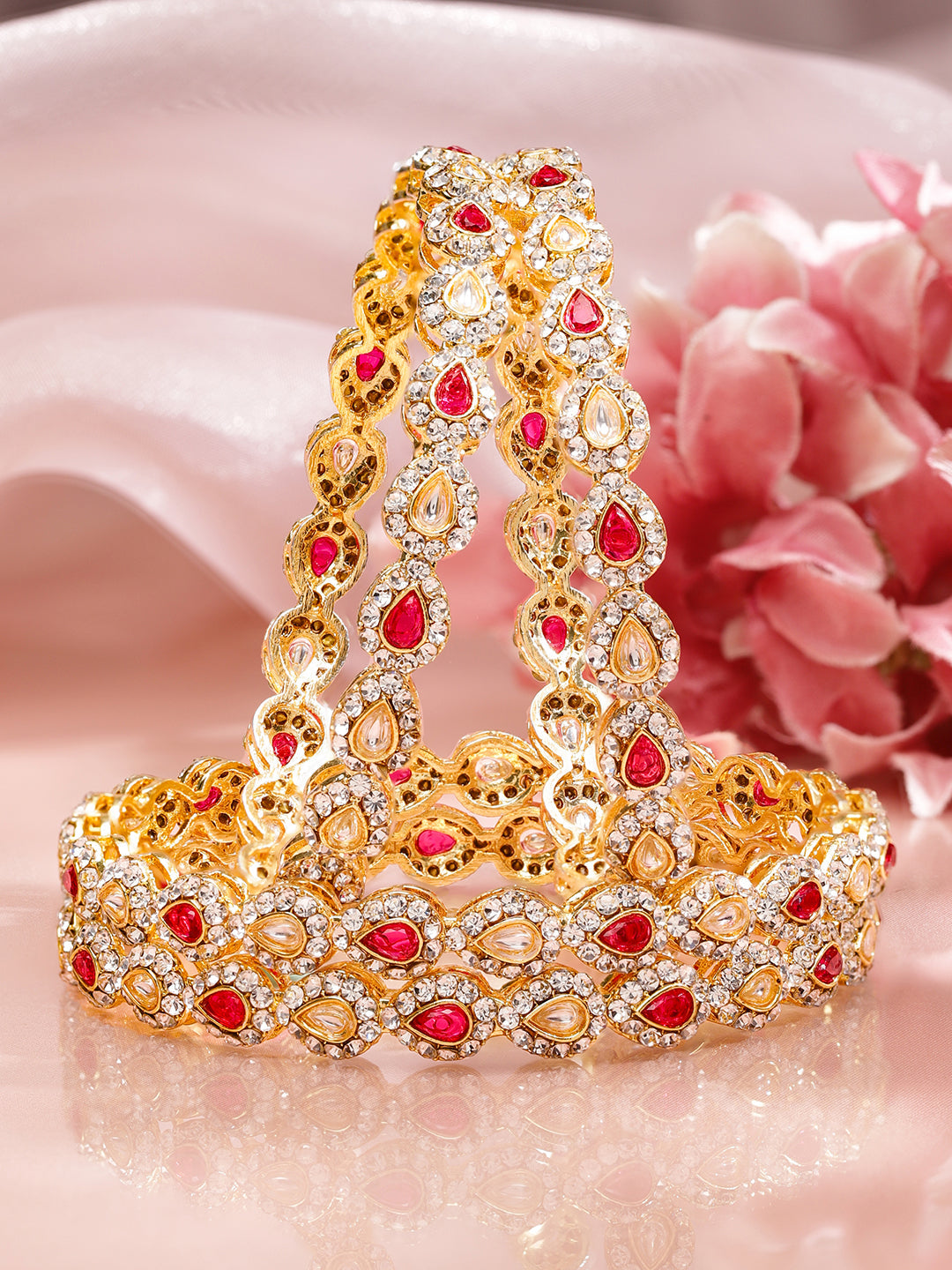 Rubans Set of 4 18K Mehandi Gold-Plated Ruby Pink & White Kundan Studded Designer Bangles 2.8 - Large