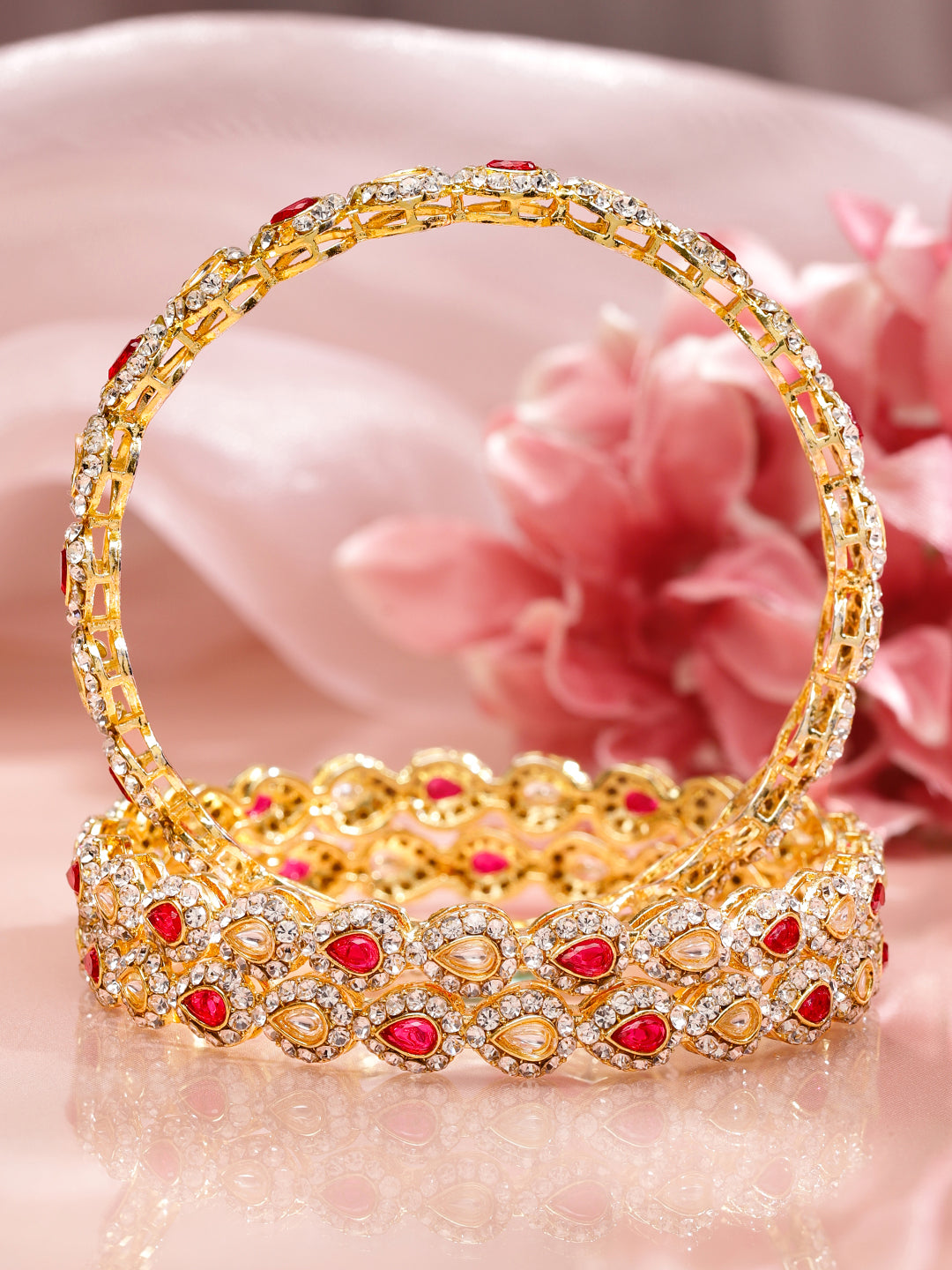 Rubans Set of 4 18K Mehandi Gold-Plated Ruby Pink & White Kundan Studded Designer Bangles 2.6 - Medium