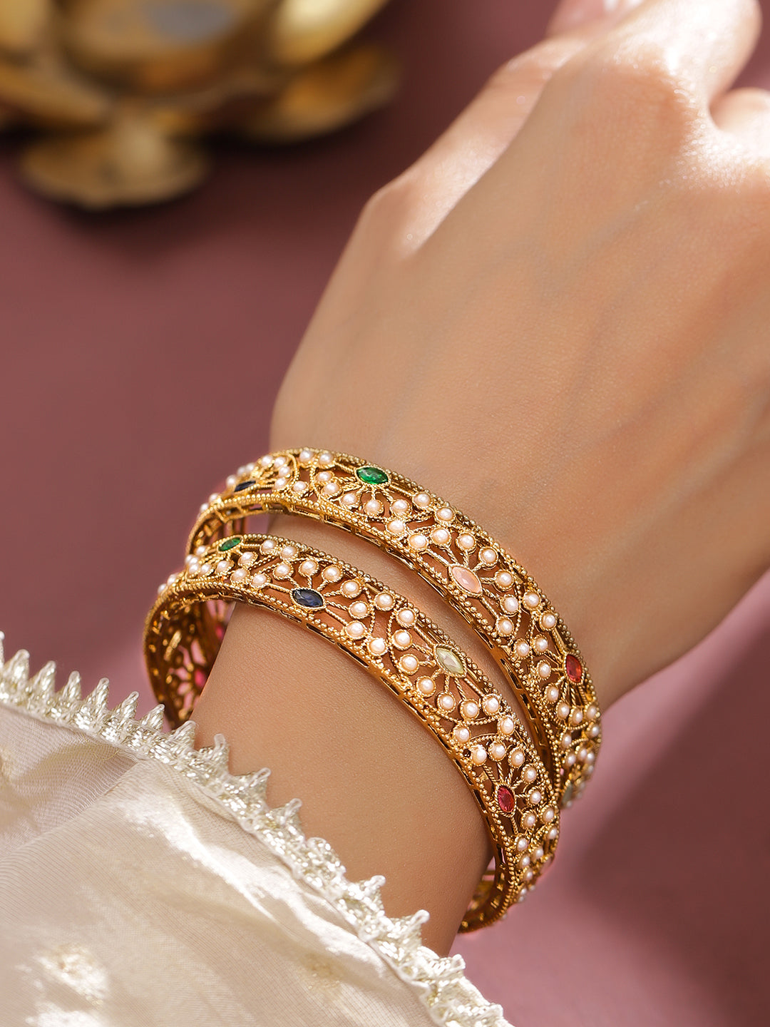 Rubans Set of 2 18K Gold-Plated Mini Pearl Studded & Multi-Coloured Stone Designer Bangles 2.4 - Small