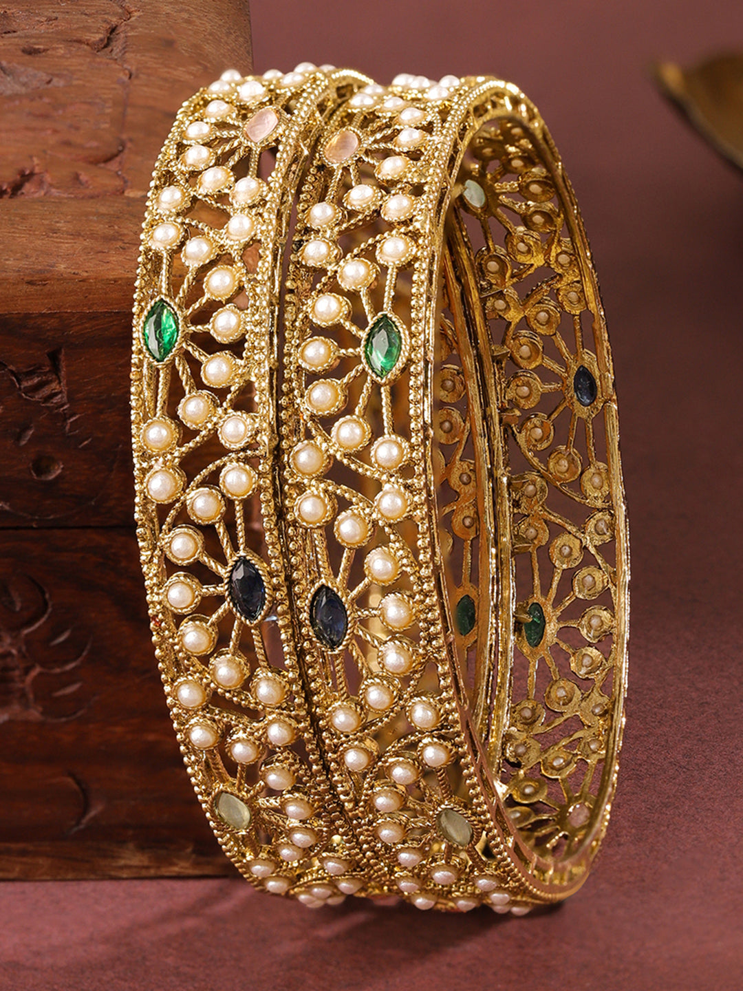 Rubans Set of 2 18K Gold-Plated Mini Pearl Studded & Multi-Coloured Stone Designer Bangles 2.4 - Small