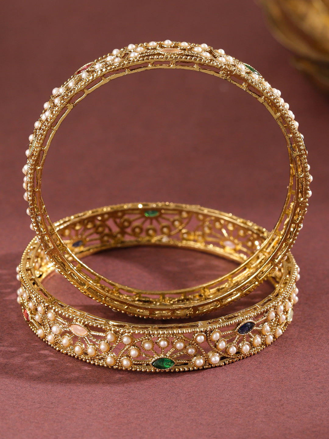 Rubans Set of 2 18K Gold-Plated Mini Pearl Studded & Multi-Coloured Stone Designer Bangles 2.4 - Small