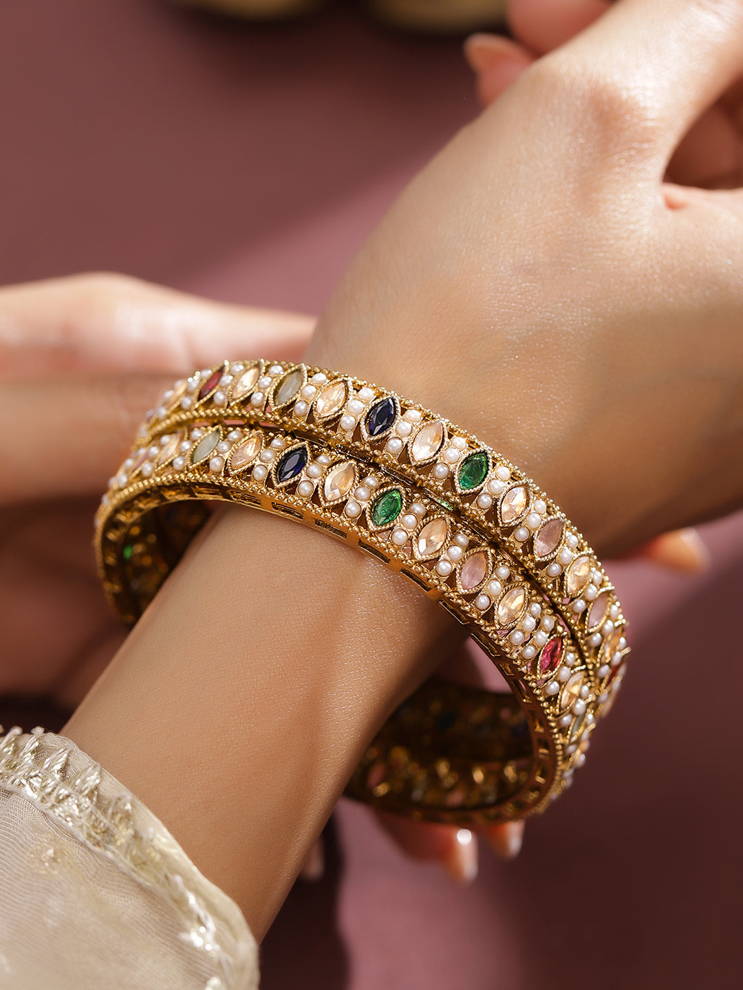 Rubans Set of 2 18K Gold-Plated Mini Pearl Studded & Multi-Colour Stone Patterned Bangles 2.4 - Small