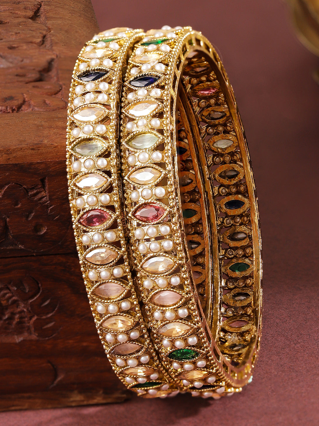 Rubans Set of 2 18K Gold-Plated Mini Pearl Studded & Multi-Colour Stone Patterned Bangles 2.8 - Large