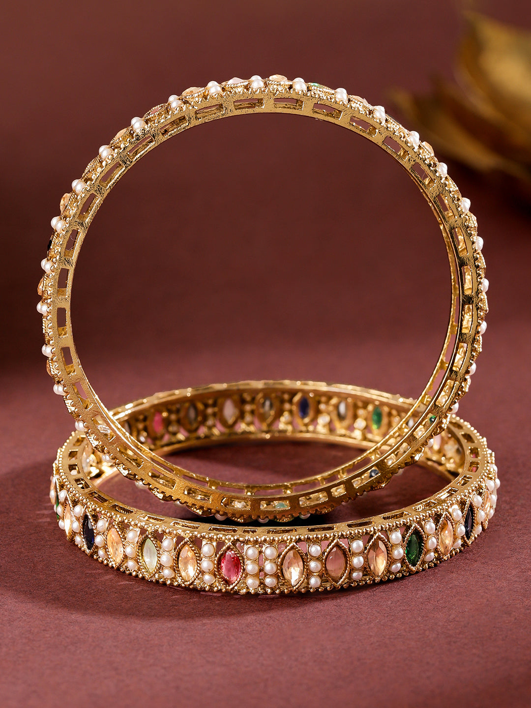 Rubans Set of 2 18K Gold-Plated Mini Pearl Studded & Multi-Colour Stone Patterned Bangles 2.4 - Small