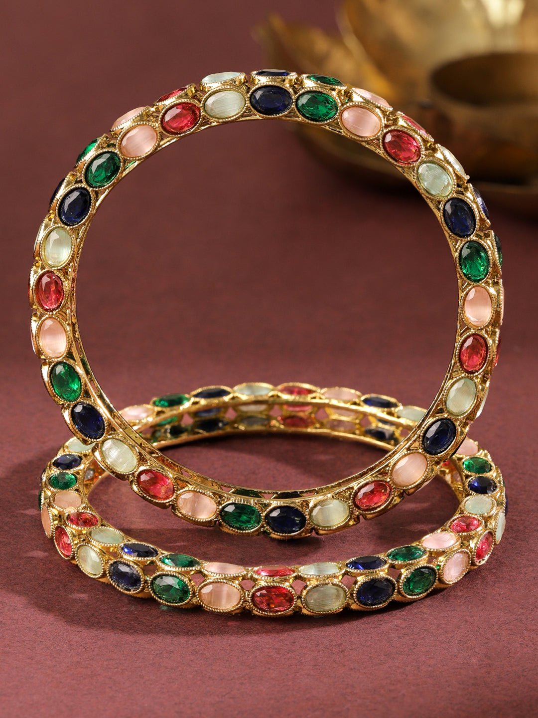 Rubans Set of 2 18K Gold-Plated Multi-Coloured Oval Stone Studded Designer Bangles 2.6 - Medium