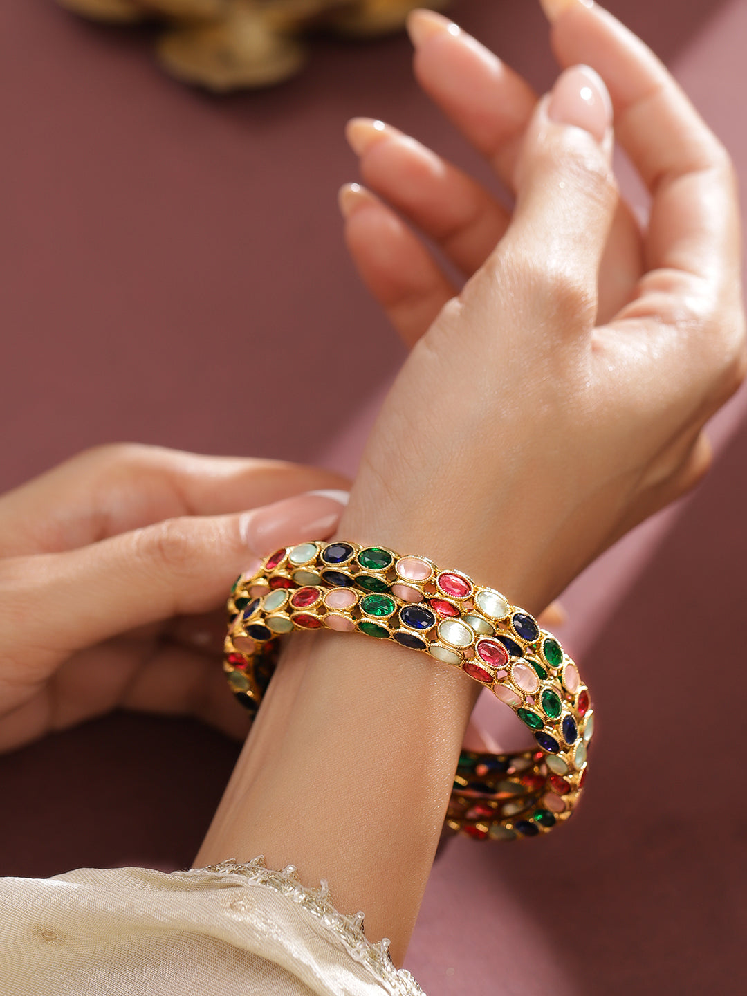 Rubans Set of 2 18K Gold-Plated Multi-Coloured Oval Stone Studded Designer Bangles 2.6 - Medium