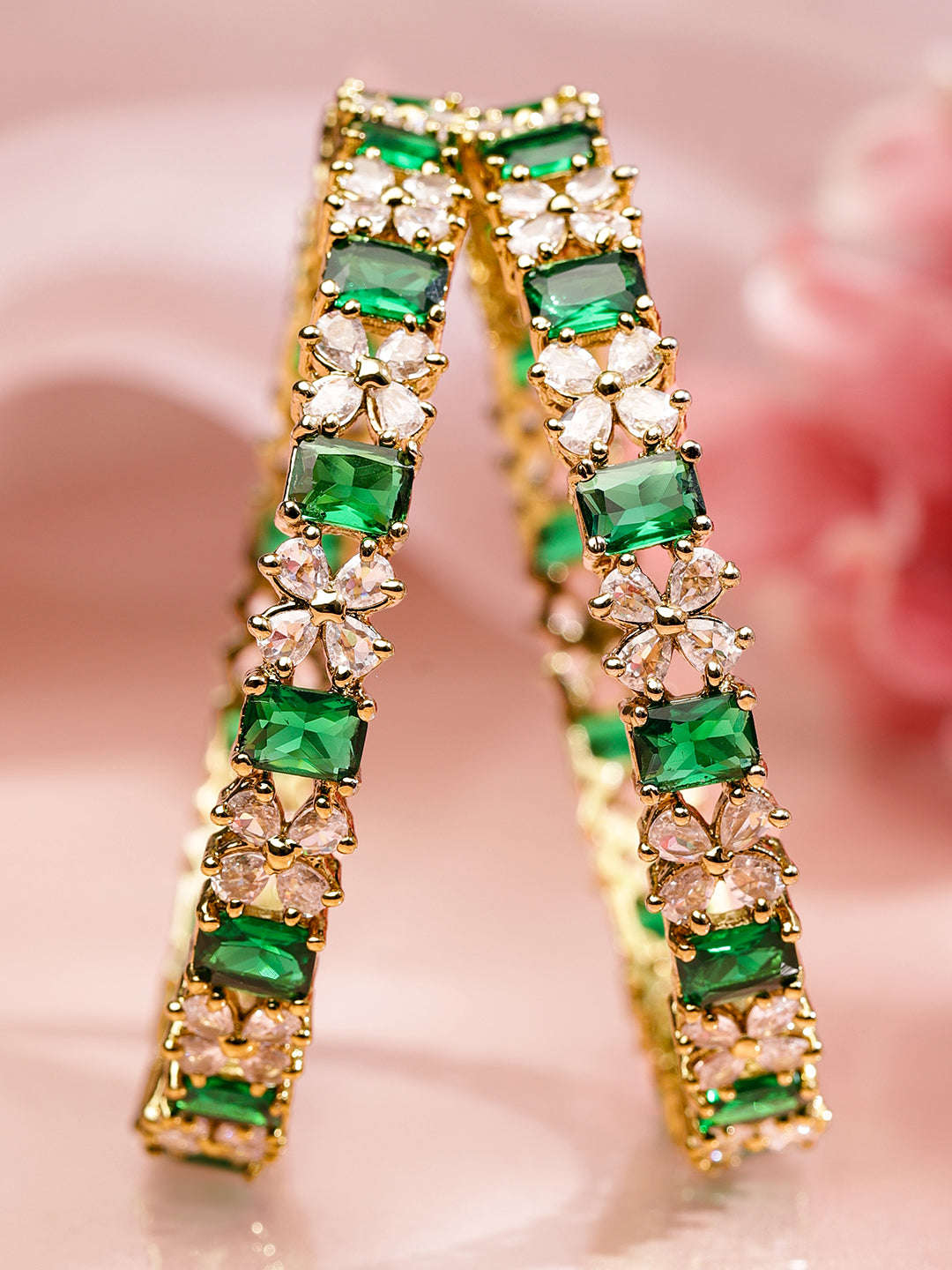 Rubans Set of 2 18K Gold-Plated Emerald Green & White Zirconia Floral Studded Bangles 2.8 - Large